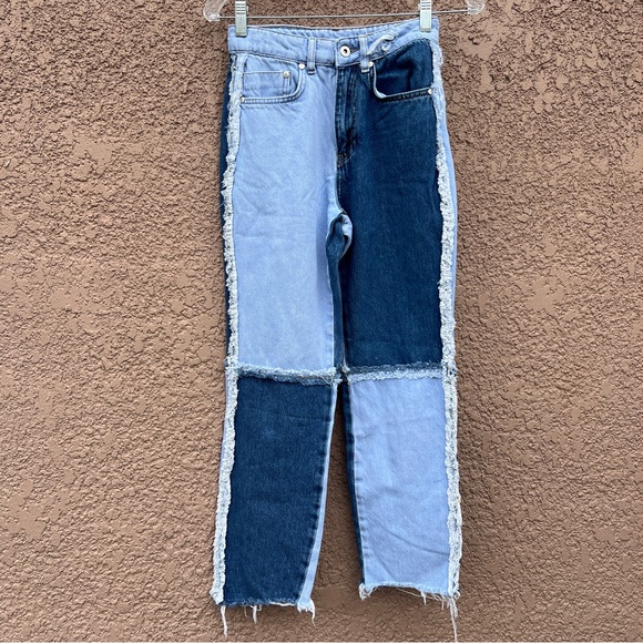 The Ragged Priest Jeans Womens Size 24 Blue‎ Patachwork w Raw Frayed Trim